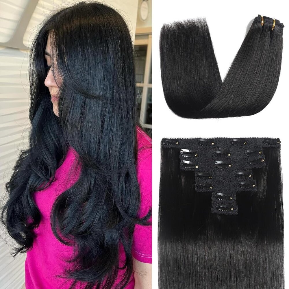 Clip in Hair Extensions Real Human Hair 18 Inch Straight Black 7pcs